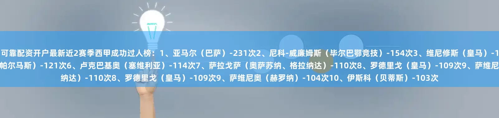 可靠配资开户最新近2赛季西甲成功过人榜：1、亚马尔（巴萨）-231次2、尼科-威廉姆斯（毕尔巴鄂竞技）-154次3、维尼修斯（皇马）-147次4、久保建英（皇社）-130次5、莫莱罗（拉斯帕尔马斯）-121次6、卢克巴基奥（塞维利亚）-114次7、萨拉戈萨（奥萨苏纳、格拉纳达）-110次8、罗德里戈（皇马）-109次9、萨维尼奥（赫罗纳）-104次10、伊斯科（贝蒂斯）-103次